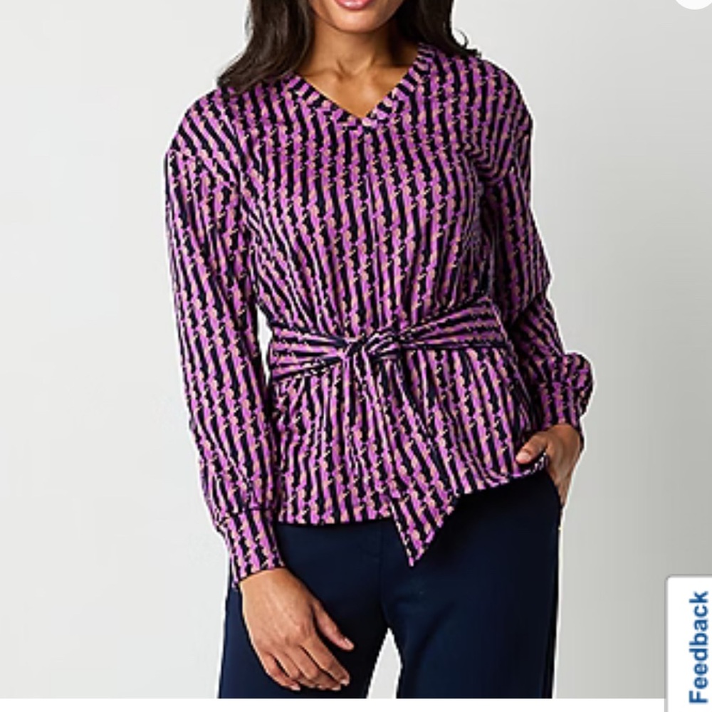 Liz Claiborne Purple and Black Tie Waist V neck Long Sleeve blouse, size 1X, NWT